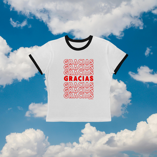 Gracias Ringer Baby Tee | Retro Grocery Typography