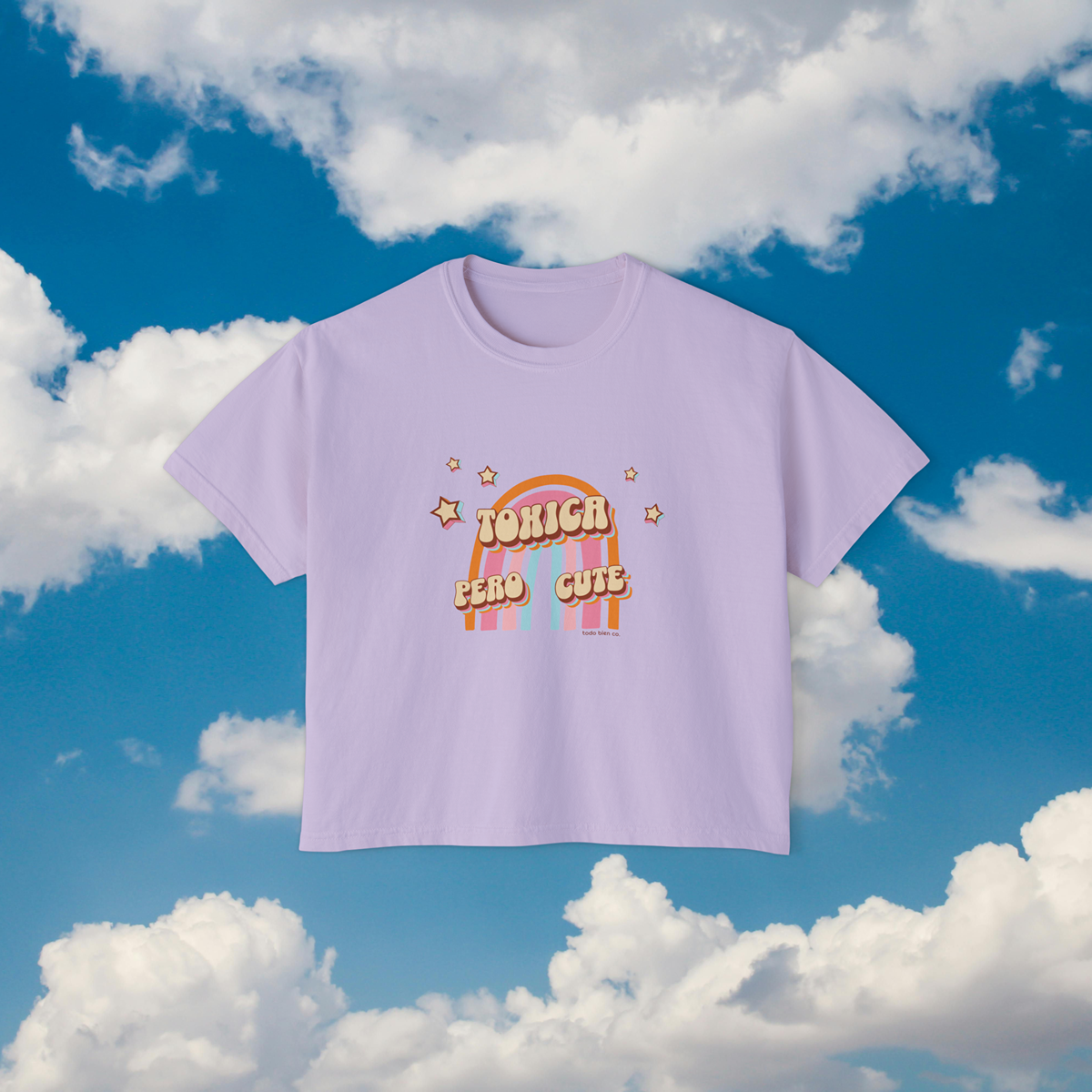 Tóxica Pero Cute Boxy Crop Tee | Retro Spanglish Rainbow