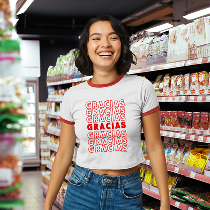 Gracias Ringer Baby Tee | Retro Grocery Typography