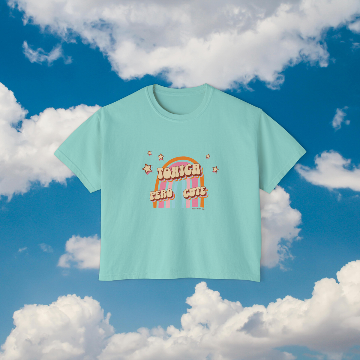 Tóxica Pero Cute Boxy Crop Tee | Retro Spanglish Rainbow